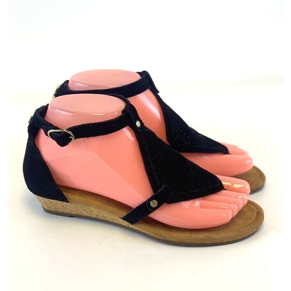 Koolaburra Ugg Briona 1091991 Black Suede Wedge Sandal Ankle Buckle Thong Size 6